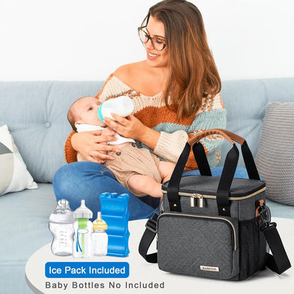 Breastmilk Cooler Bag with Ice Pack Fits 6 Baby Bottles up to 9 Ounce, Breast Milk Pump Cooler Bag for Nursing Mom Daycare, Work, Travel-Grey