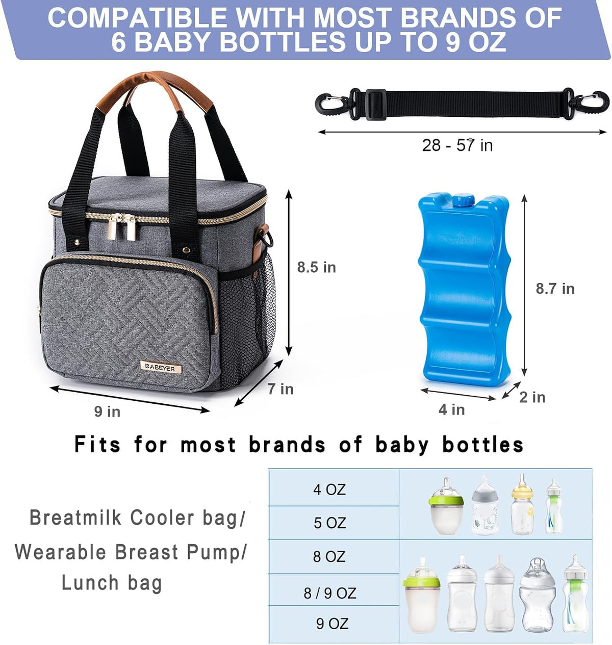 Breastmilk Cooler Bag with Ice Pack Fits 6 Baby Bottles up to 9 Ounce, Breast Milk Pump Cooler Bag for Nursing Mom Daycare, Work, Travel-Grey