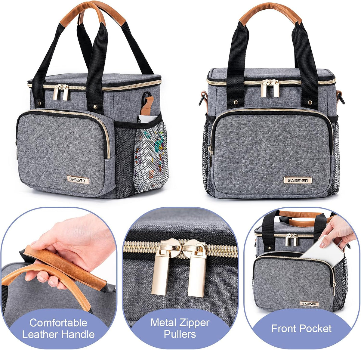 Breastmilk Cooler Bag with Ice Pack Fits 6 Baby Bottles up to 9 Ounce, Breast Milk Pump Cooler Bag for Nursing Mom Daycare, Work, Travel-Grey