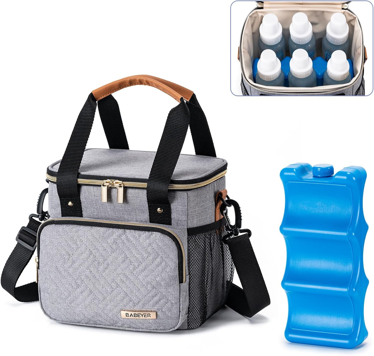 Breastmilk Cooler Bag with Ice Pack Fits 6 Baby Bottles up to 9 Ounce, Breast Milk Pump Cooler Bag for Nursing Mom Daycare, Work, Travel-Grey