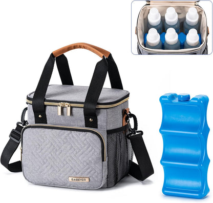 Breastmilk Cooler Bag with Ice Pack Fits 6 Baby Bottles up to 9 Ounce, Breast Milk Pump Cooler Bag for Nursing Mom Daycare, Work, Travel-Grey