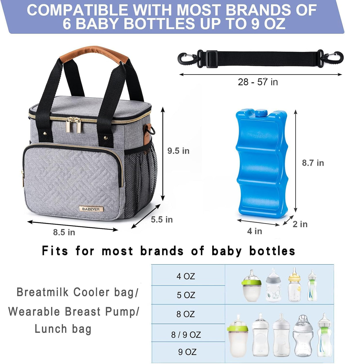 Breastmilk Cooler Bag with Ice Pack Fits 6 Baby Bottles up to 9 Ounce, Breast Milk Pump Cooler Bag for Nursing Mom Daycare, Work, Travel-Grey