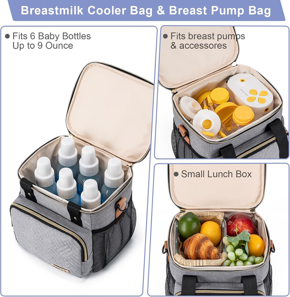 Breastmilk Cooler Bag with Ice Pack Fits 6 Baby Bottles up to 9 Ounce, Breast Milk Pump Cooler Bag for Nursing Mom Daycare, Work, Travel-Grey