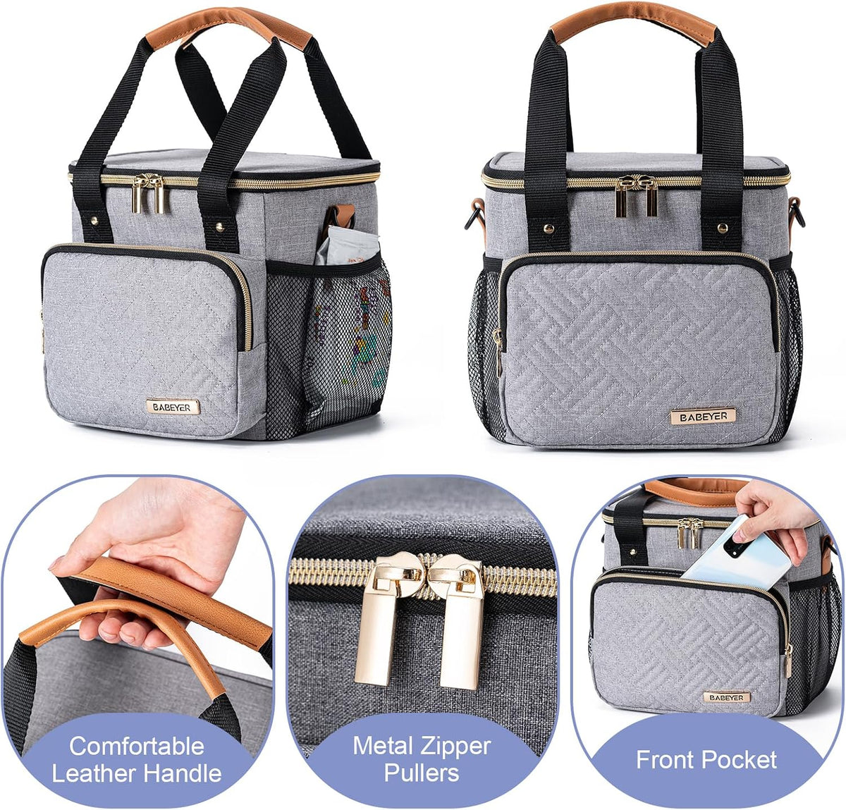 Breastmilk Cooler Bag with Ice Pack Fits 6 Baby Bottles up to 9 Ounce, Breast Milk Pump Cooler Bag for Nursing Mom Daycare, Work, Travel-Grey