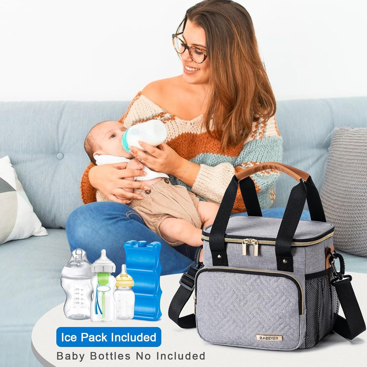 Breastmilk Cooler Bag with Ice Pack Fits 6 Baby Bottles up to 9 Ounce, Breast Milk Pump Cooler Bag for Nursing Mom Daycare, Work, Travel-Grey