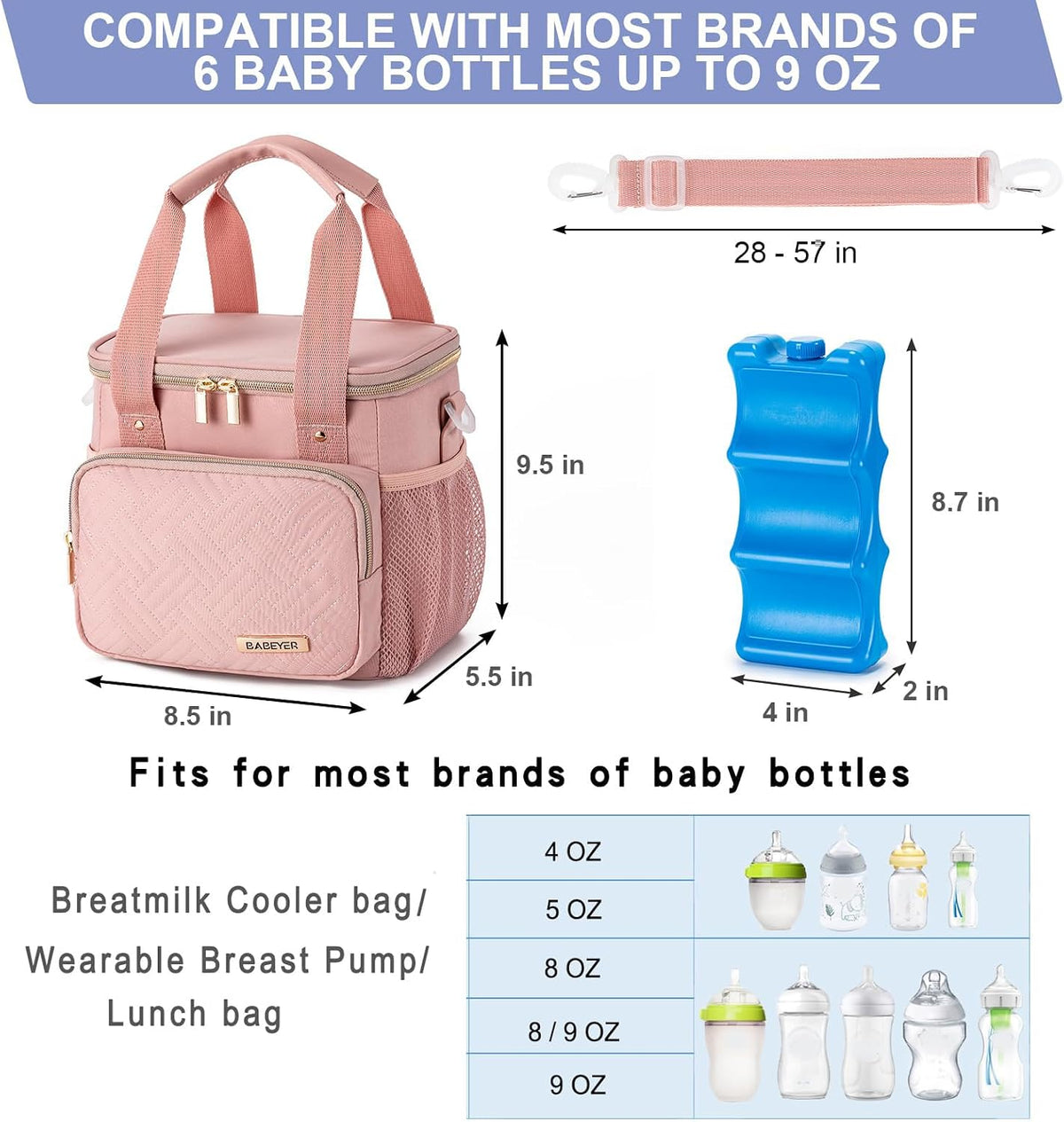 Breastmilk Cooler Bag with Ice Pack Fits 6 Baby Bottles up to 9 Ounce, Breast Milk Pump Cooler Bag for Nursing Mom Daycare, Work, Travel-Grey