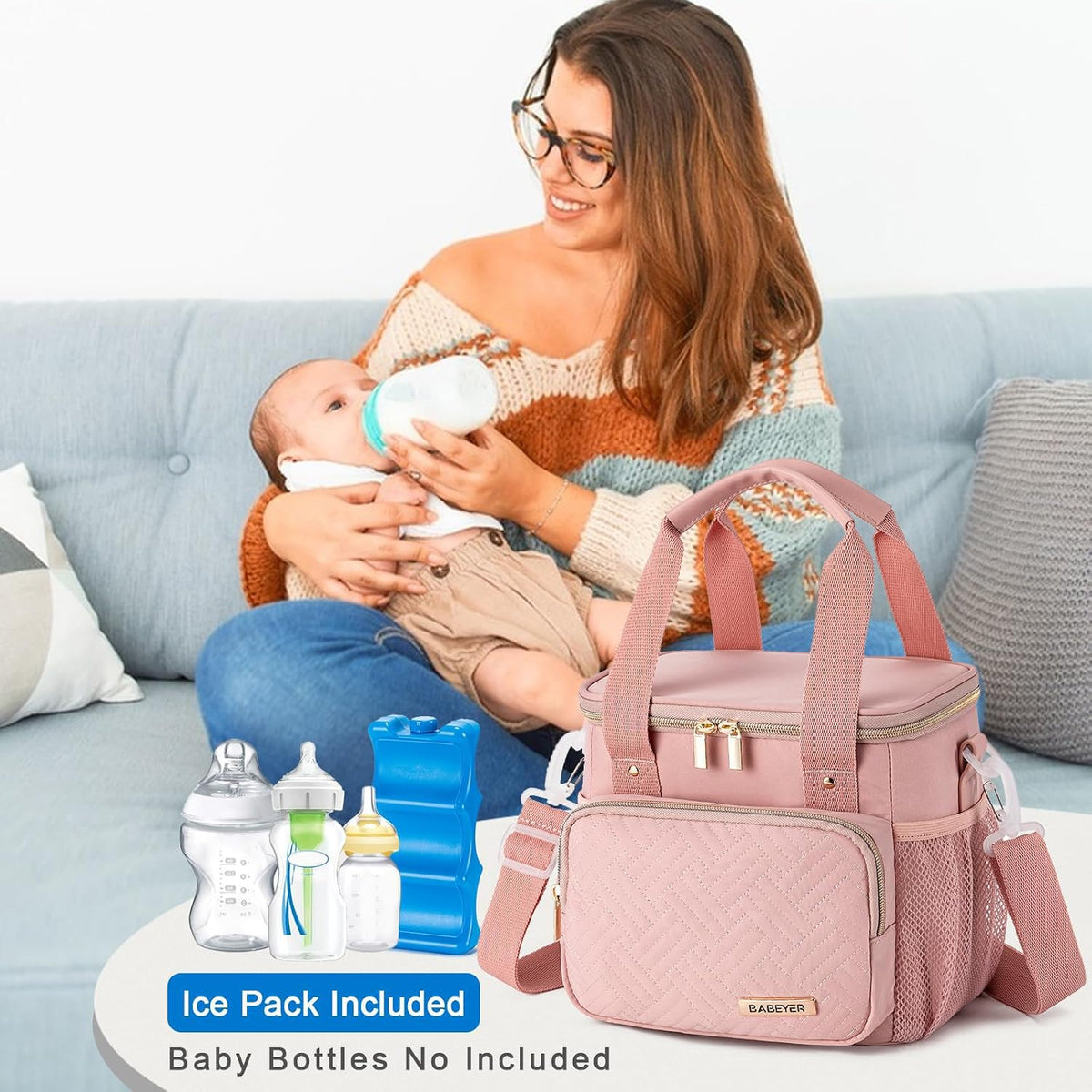 Breastmilk Cooler Bag with Ice Pack Fits 6 Baby Bottles up to 9 Ounce, Breast Milk Pump Cooler Bag for Nursing Mom Daycare, Work, Travel-Grey