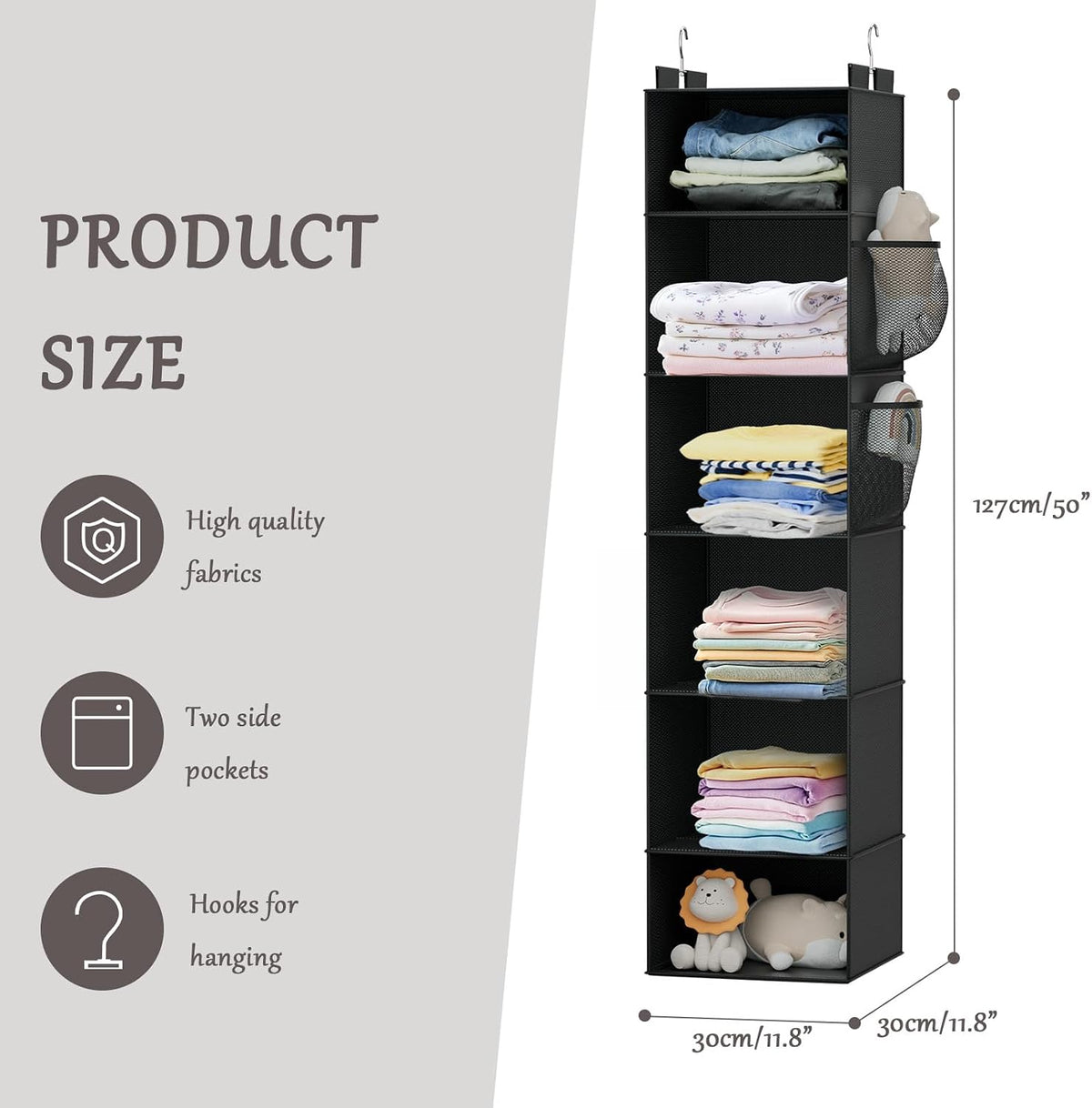 Over the Door Hanging Organizer with 5 Large Pockets - Wall Mount Pantry Storage with Clear PVC Window & 2 Big Metal Hooks for Closet,Bathroom,Nursery,Bedroom,Dorm,Baby Diapers,Kids Toys (Gray)