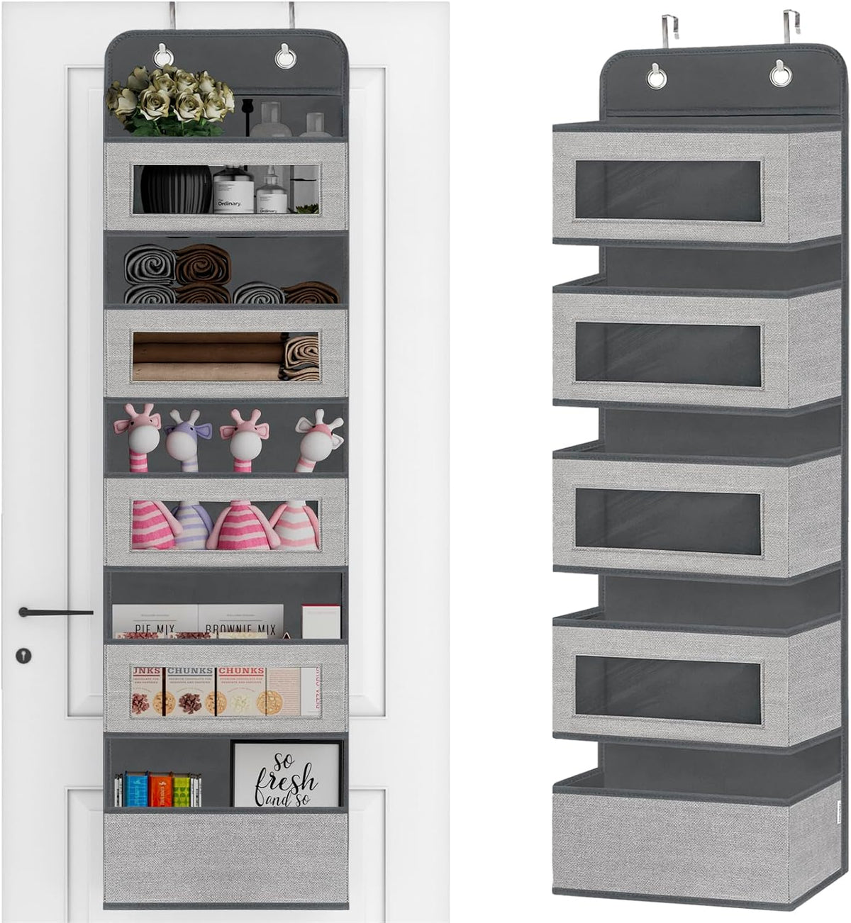 Over the Door Hanging Organizer with 5 Large Pockets - Wall Mount Pantry Storage with Clear PVC Window & 2 Big Metal Hooks for Closet,Bathroom,Nursery,Bedroom,Dorm,Baby Diapers,Kids Toys (Gray)
