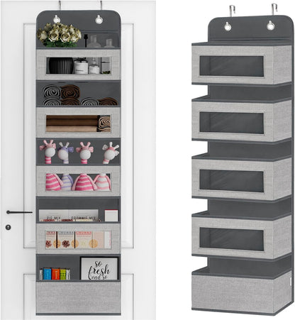 Over the Door Hanging Organizer with 5 Large Pockets - Wall Mount Pantry Storage with Clear PVC Window & 2 Big Metal Hooks for Closet,Bathroom,Nursery,Bedroom,Dorm,Baby Diapers,Kids Toys (Gray)
