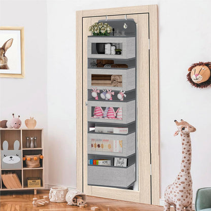 Over the Door Hanging Organizer with 5 Large Pockets - Wall Mount Pantry Storage with Clear PVC Window & 2 Big Metal Hooks for Closet,Bathroom,Nursery,Bedroom,Dorm,Baby Diapers,Kids Toys (Gray)