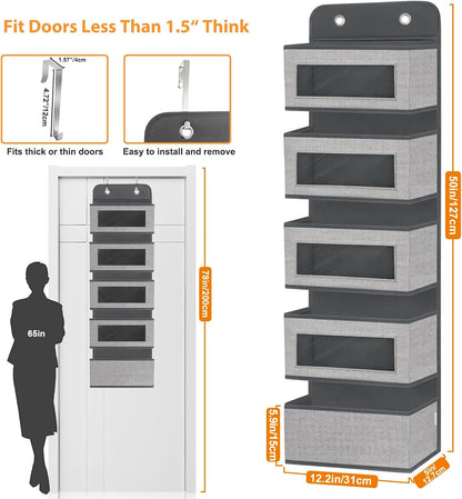 Over the Door Hanging Organizer with 5 Large Pockets - Wall Mount Pantry Storage with Clear PVC Window & 2 Big Metal Hooks for Closet,Bathroom,Nursery,Bedroom,Dorm,Baby Diapers,Kids Toys (Gray)