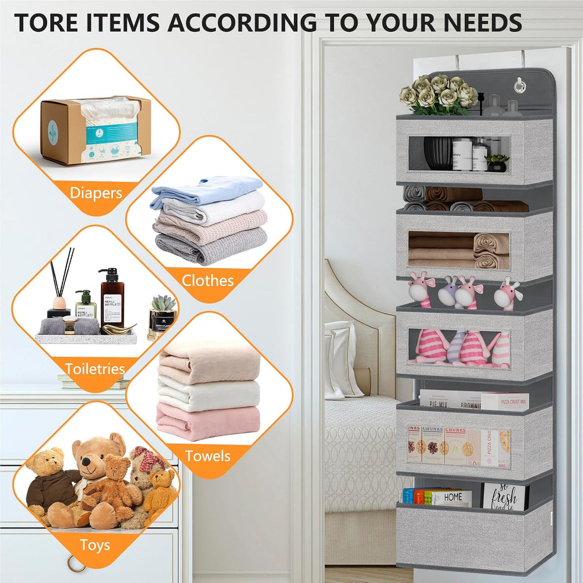 Over the Door Hanging Organizer with 5 Large Pockets - Wall Mount Pantry Storage with Clear PVC Window & 2 Big Metal Hooks for Closet,Bathroom,Nursery,Bedroom,Dorm,Baby Diapers,Kids Toys (Gray)