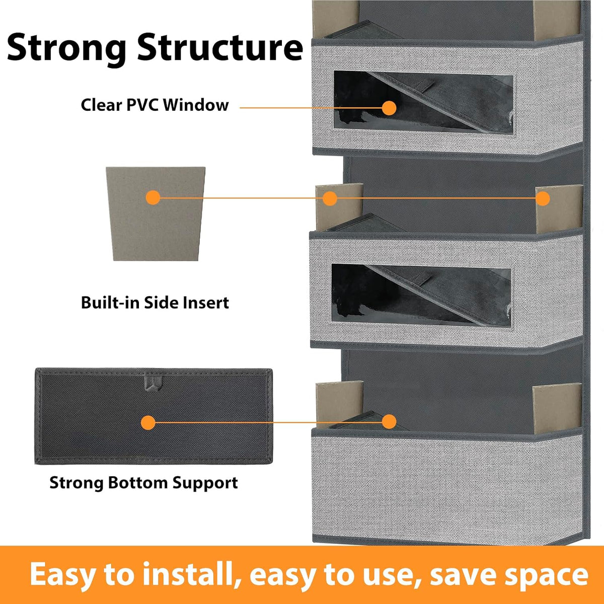 Over the Door Hanging Organizer with 5 Large Pockets - Wall Mount Pantry Storage with Clear PVC Window & 2 Big Metal Hooks for Closet,Bathroom,Nursery,Bedroom,Dorm,Baby Diapers,Kids Toys (Gray)