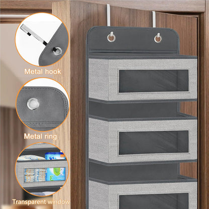 Over the Door Hanging Organizer with 5 Large Pockets - Wall Mount Pantry Storage with Clear PVC Window & 2 Big Metal Hooks for Closet,Bathroom,Nursery,Bedroom,Dorm,Baby Diapers,Kids Toys (Gray)