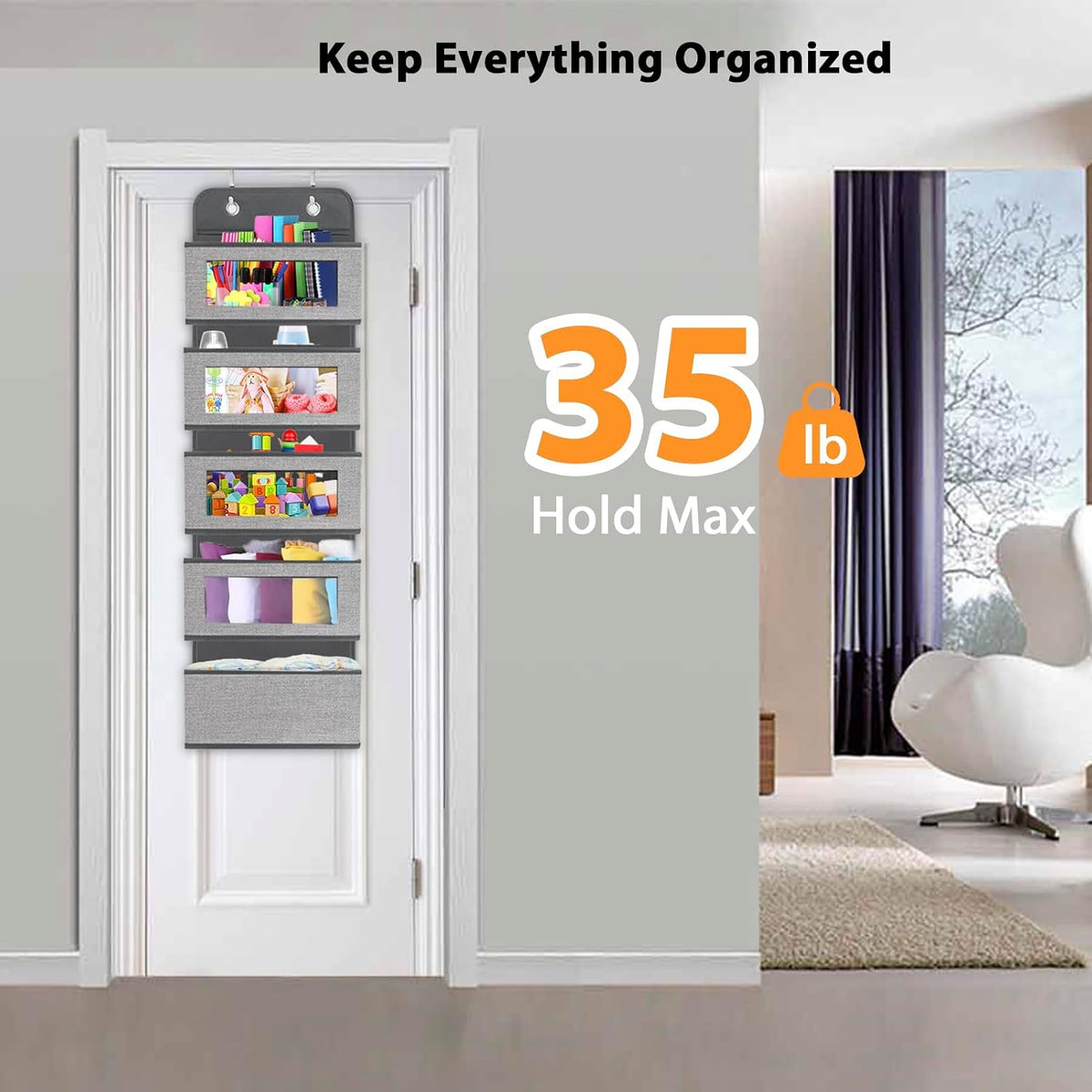 Over the Door Hanging Organizer with 5 Large Pockets - Wall Mount Pantry Storage with Clear PVC Window & 2 Big Metal Hooks for Closet,Bathroom,Nursery,Bedroom,Dorm,Baby Diapers,Kids Toys (Gray)