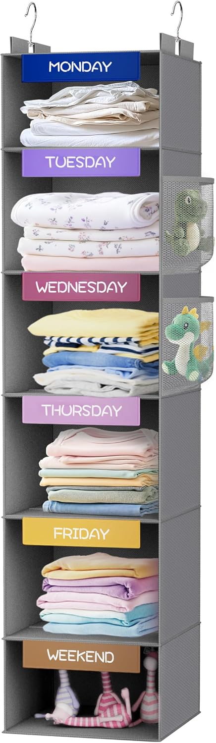 Over the Door Hanging Organizer with 5 Large Pockets - Wall Mount Pantry Storage with Clear PVC Window & 2 Big Metal Hooks for Closet,Bathroom,Nursery,Bedroom,Dorm,Baby Diapers,Kids Toys (Gray)