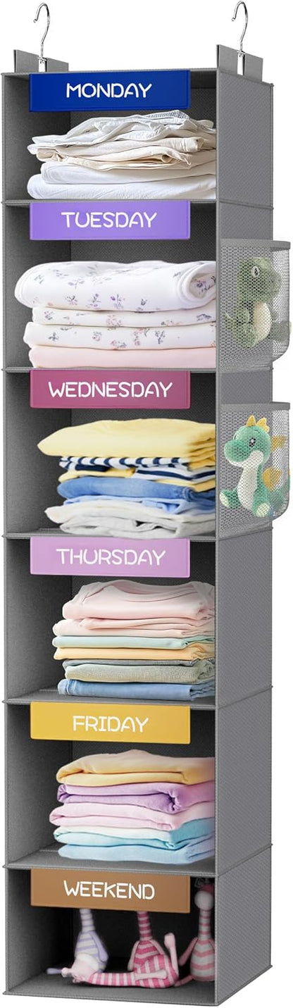 Over the Door Hanging Organizer with 5 Large Pockets - Wall Mount Pantry Storage with Clear PVC Window & 2 Big Metal Hooks for Closet,Bathroom,Nursery,Bedroom,Dorm,Baby Diapers,Kids Toys (Gray)