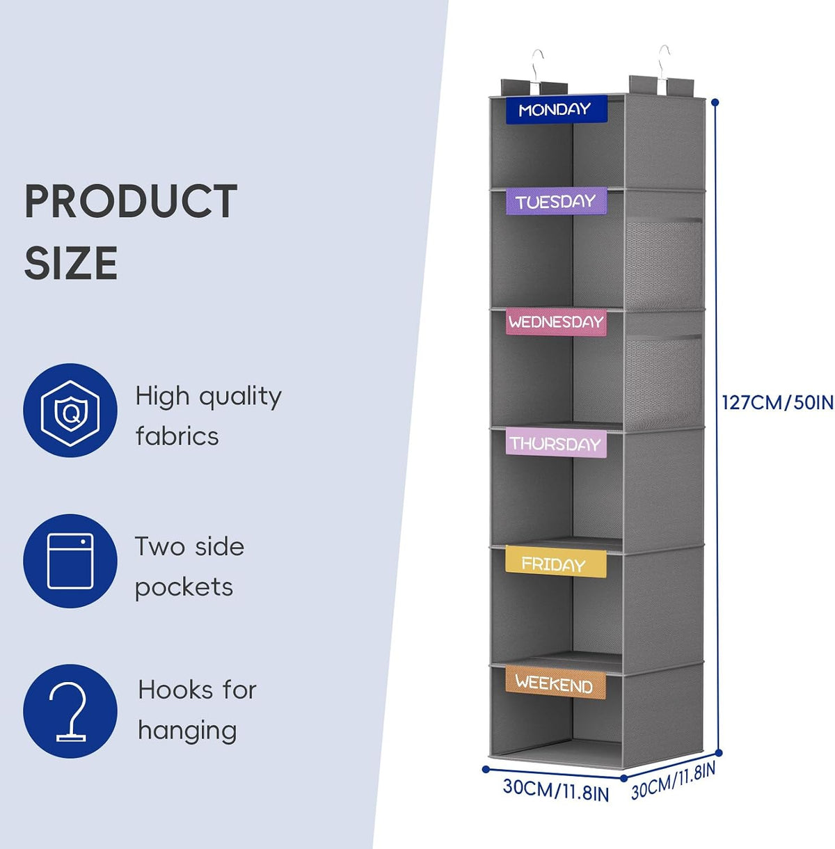 Over the Door Hanging Organizer with 5 Large Pockets - Wall Mount Pantry Storage with Clear PVC Window & 2 Big Metal Hooks for Closet,Bathroom,Nursery,Bedroom,Dorm,Baby Diapers,Kids Toys (Gray)