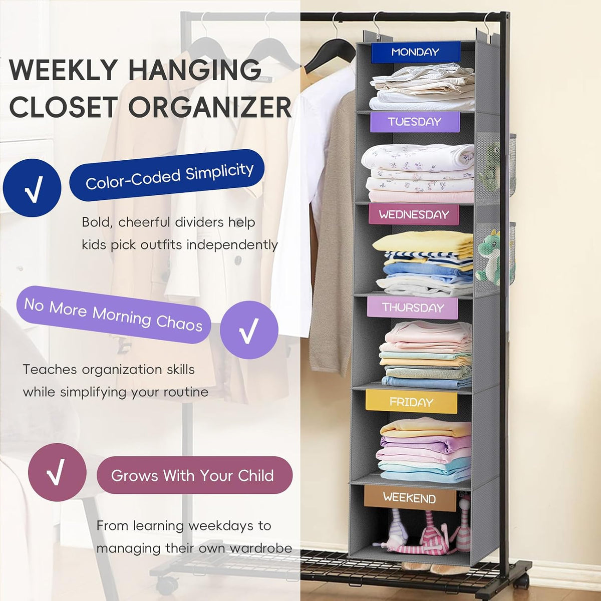 Over the Door Hanging Organizer with 5 Large Pockets - Wall Mount Pantry Storage with Clear PVC Window & 2 Big Metal Hooks for Closet,Bathroom,Nursery,Bedroom,Dorm,Baby Diapers,Kids Toys (Gray)