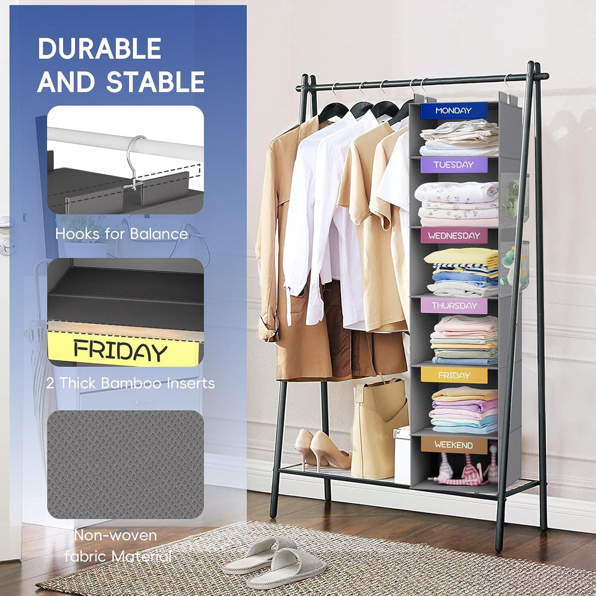 Over the Door Hanging Organizer with 5 Large Pockets - Wall Mount Pantry Storage with Clear PVC Window & 2 Big Metal Hooks for Closet,Bathroom,Nursery,Bedroom,Dorm,Baby Diapers,Kids Toys (Gray)