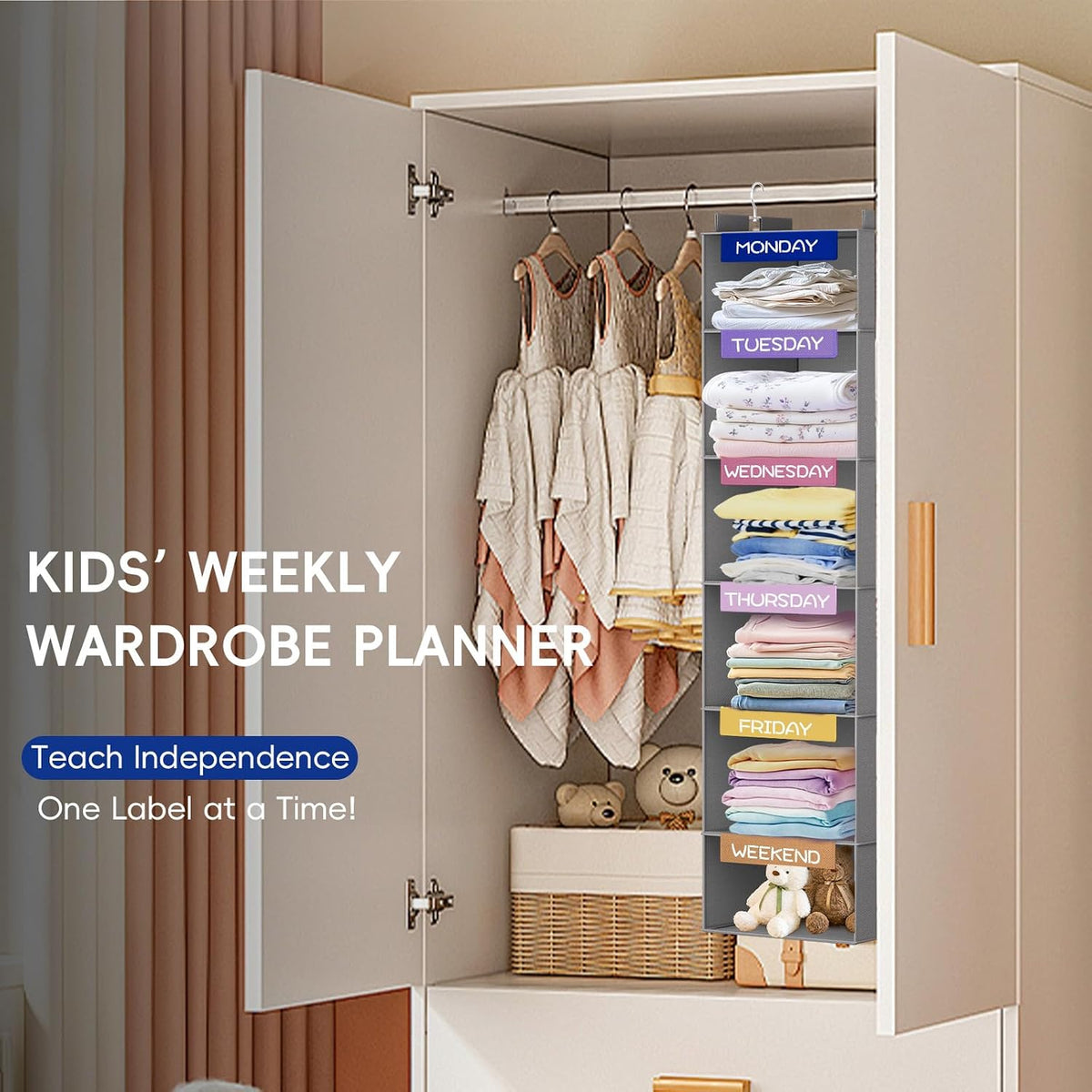 Over the Door Hanging Organizer with 5 Large Pockets - Wall Mount Pantry Storage with Clear PVC Window & 2 Big Metal Hooks for Closet,Bathroom,Nursery,Bedroom,Dorm,Baby Diapers,Kids Toys (Gray)