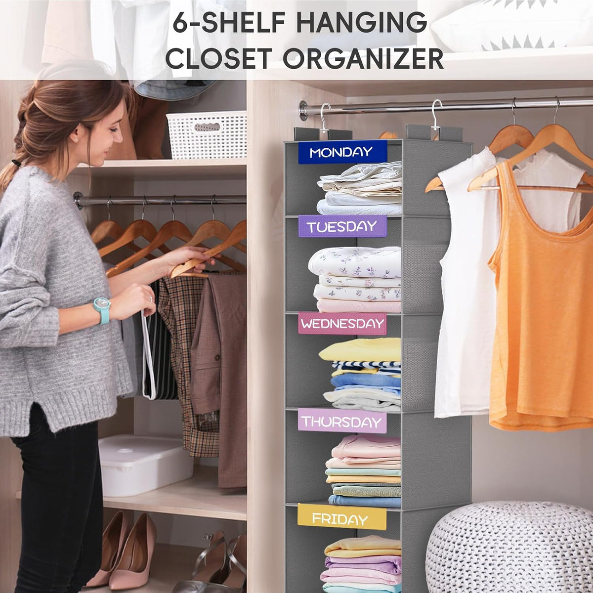 Over the Door Hanging Organizer with 5 Large Pockets - Wall Mount Pantry Storage with Clear PVC Window & 2 Big Metal Hooks for Closet,Bathroom,Nursery,Bedroom,Dorm,Baby Diapers,Kids Toys (Gray)