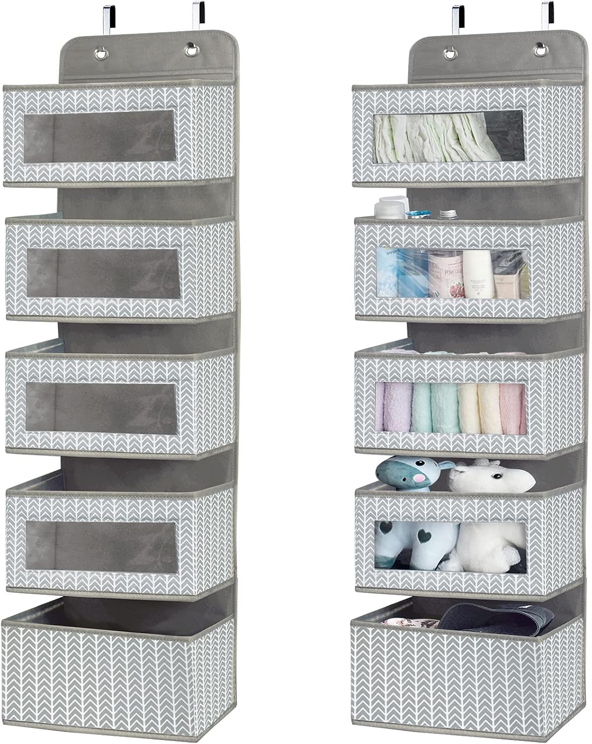 Over the Door Hanging Organizer with 5 Large Pockets - Wall Mount Pantry Storage with Clear PVC Window & 2 Big Metal Hooks for Closet,Bathroom,Nursery,Bedroom,Dorm,Baby Diapers,Kids Toys (Gray)