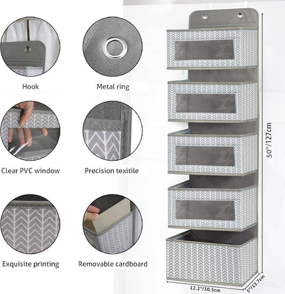 Over the Door Hanging Organizer with 5 Large Pockets - Wall Mount Pantry Storage with Clear PVC Window & 2 Big Metal Hooks for Closet,Bathroom,Nursery,Bedroom,Dorm,Baby Diapers,Kids Toys (Gray)