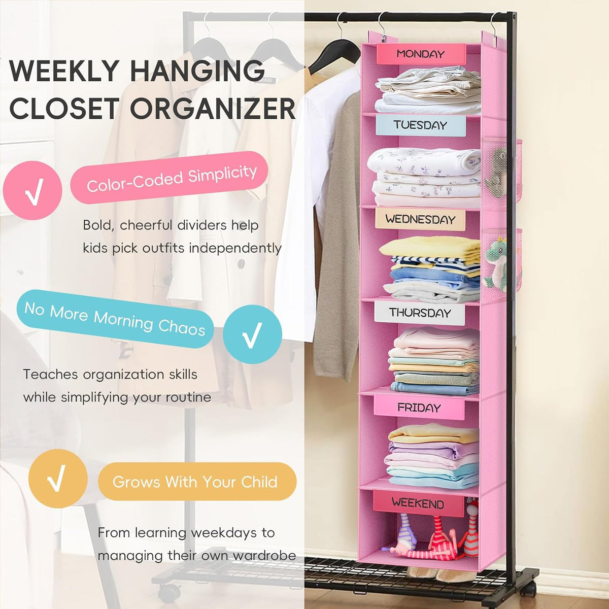 Over the Door Hanging Organizer with 5 Large Pockets - Wall Mount Pantry Storage with Clear PVC Window & 2 Big Metal Hooks for Closet,Bathroom,Nursery,Bedroom,Dorm,Baby Diapers,Kids Toys (Gray)