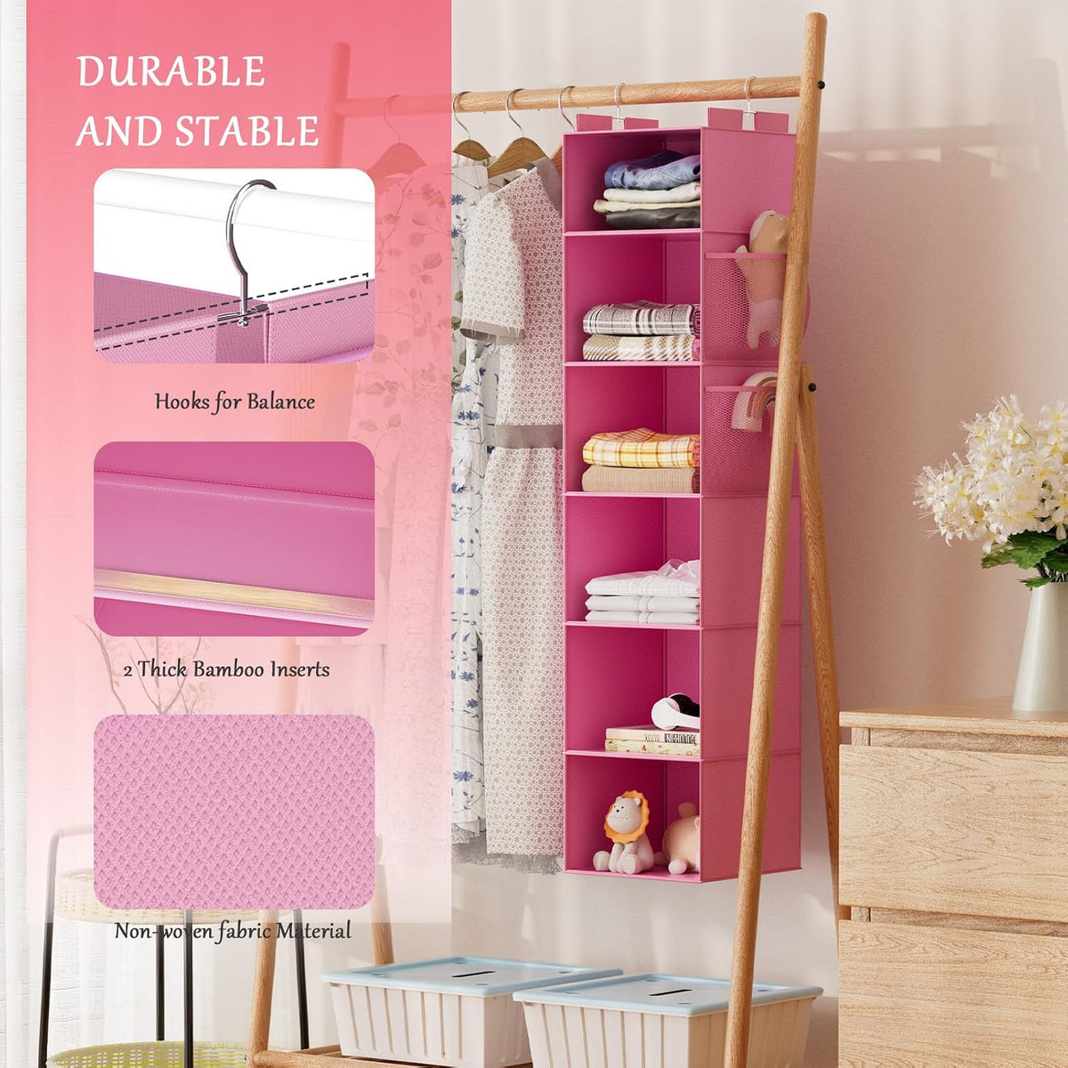 Over the Door Hanging Organizer with 5 Large Pockets - Wall Mount Pantry Storage with Clear PVC Window & 2 Big Metal Hooks for Closet,Bathroom,Nursery,Bedroom,Dorm,Baby Diapers,Kids Toys (Gray)