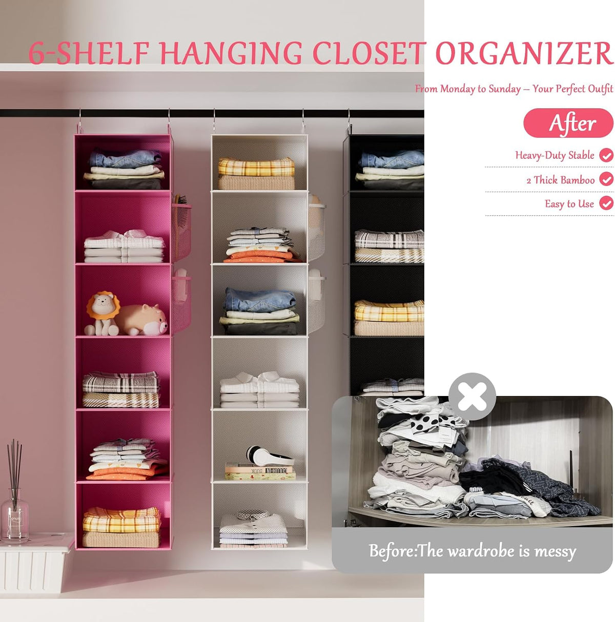 Over the Door Hanging Organizer with 5 Large Pockets - Wall Mount Pantry Storage with Clear PVC Window & 2 Big Metal Hooks for Closet,Bathroom,Nursery,Bedroom,Dorm,Baby Diapers,Kids Toys (Gray)
