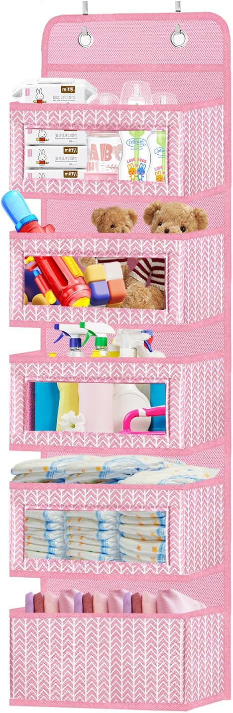 Over the Door Hanging Organizer with 5 Large Pockets - Wall Mount Pantry Storage with Clear PVC Window & 2 Big Metal Hooks for Closet,Bathroom,Nursery,Bedroom,Dorm,Baby Diapers,Kids Toys (Gray)