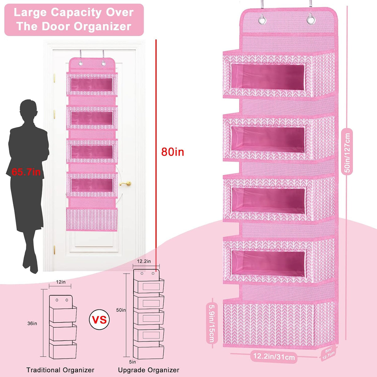 Over the Door Hanging Organizer with 5 Large Pockets - Wall Mount Pantry Storage with Clear PVC Window & 2 Big Metal Hooks for Closet,Bathroom,Nursery,Bedroom,Dorm,Baby Diapers,Kids Toys (Gray)