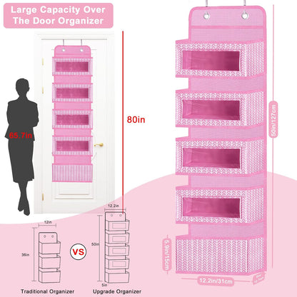 Over the Door Hanging Organizer with 5 Large Pockets - Wall Mount Pantry Storage with Clear PVC Window & 2 Big Metal Hooks for Closet,Bathroom,Nursery,Bedroom,Dorm,Baby Diapers,Kids Toys (Gray)