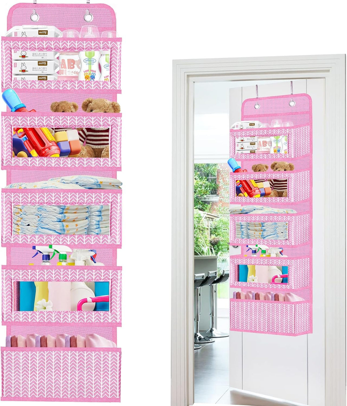 Over the Door Hanging Organizer with 5 Large Pockets - Wall Mount Pantry Storage with Clear PVC Window & 2 Big Metal Hooks for Closet,Bathroom,Nursery,Bedroom,Dorm,Baby Diapers,Kids Toys (Gray)