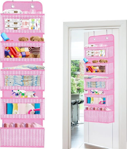 Over the Door Hanging Organizer with 5 Large Pockets - Wall Mount Pantry Storage with Clear PVC Window & 2 Big Metal Hooks for Closet,Bathroom,Nursery,Bedroom,Dorm,Baby Diapers,Kids Toys (Gray)
