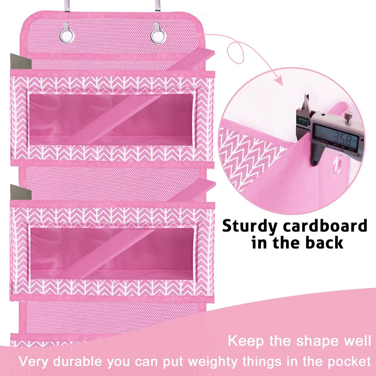 Over the Door Hanging Organizer with 5 Large Pockets - Wall Mount Pantry Storage with Clear PVC Window & 2 Big Metal Hooks for Closet,Bathroom,Nursery,Bedroom,Dorm,Baby Diapers,Kids Toys (Gray)