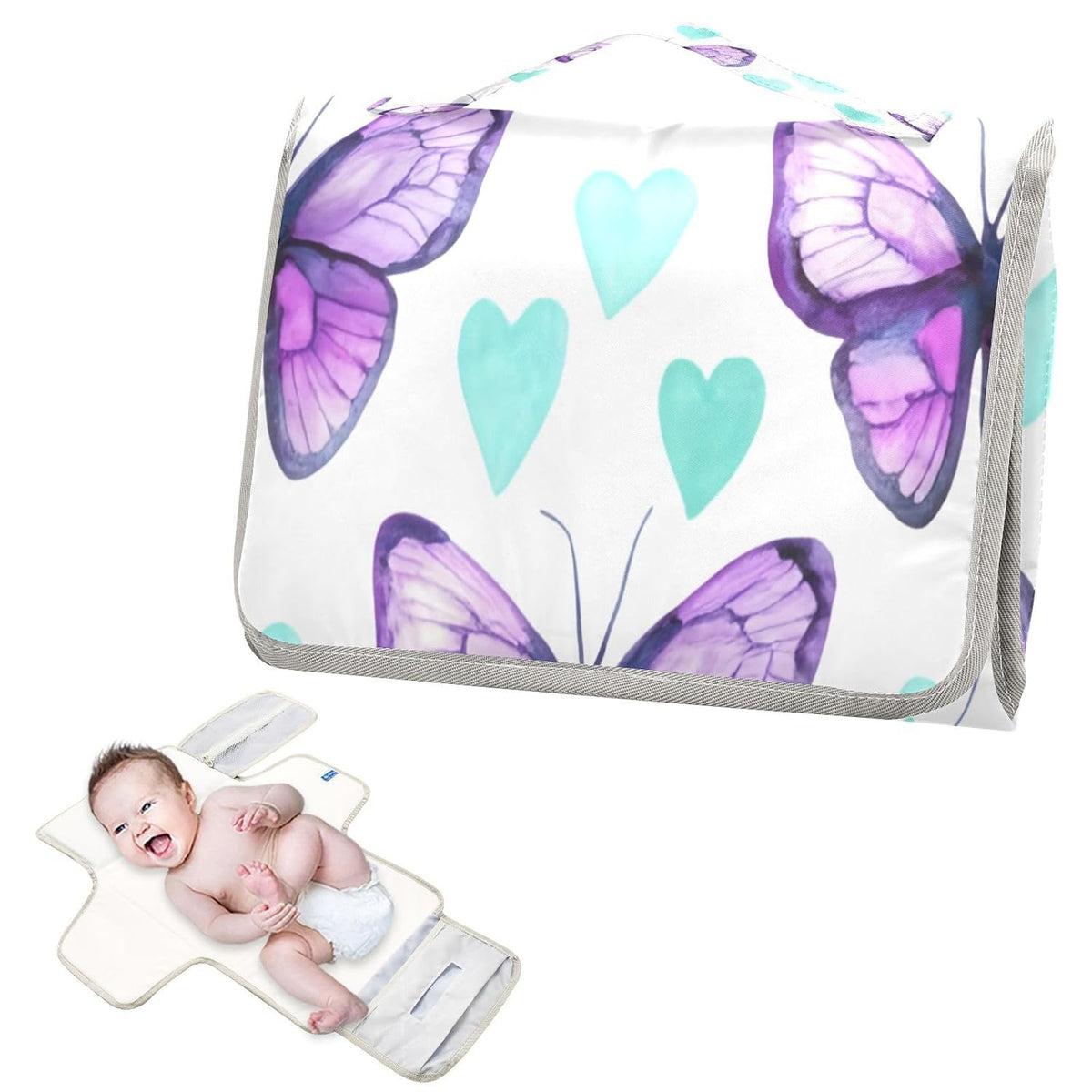 Purple Butterfly Portable Diaper Changing Pad, Foldable Travel Diaper Changing Pad with Built-in Pillow, Waterproof Baby Changing Mat for Newborn, Infant