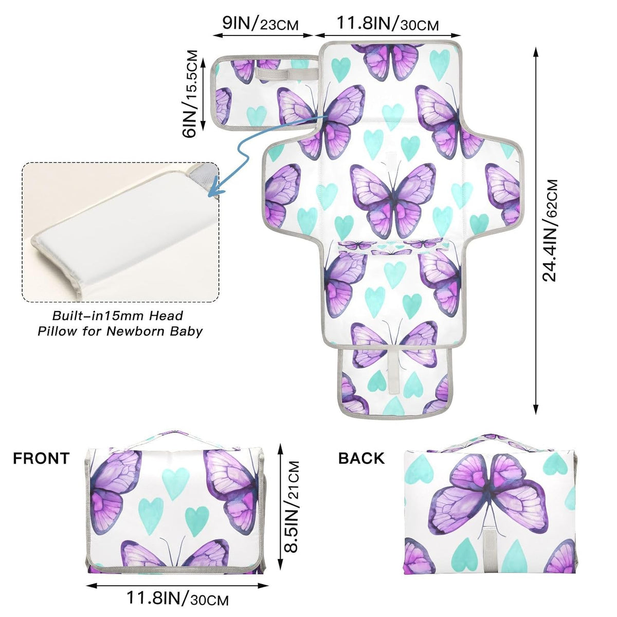 Purple Butterfly Portable Diaper Changing Pad, Foldable Travel Diaper Changing Pad with Built-in Pillow, Waterproof Baby Changing Mat for Newborn, Infant