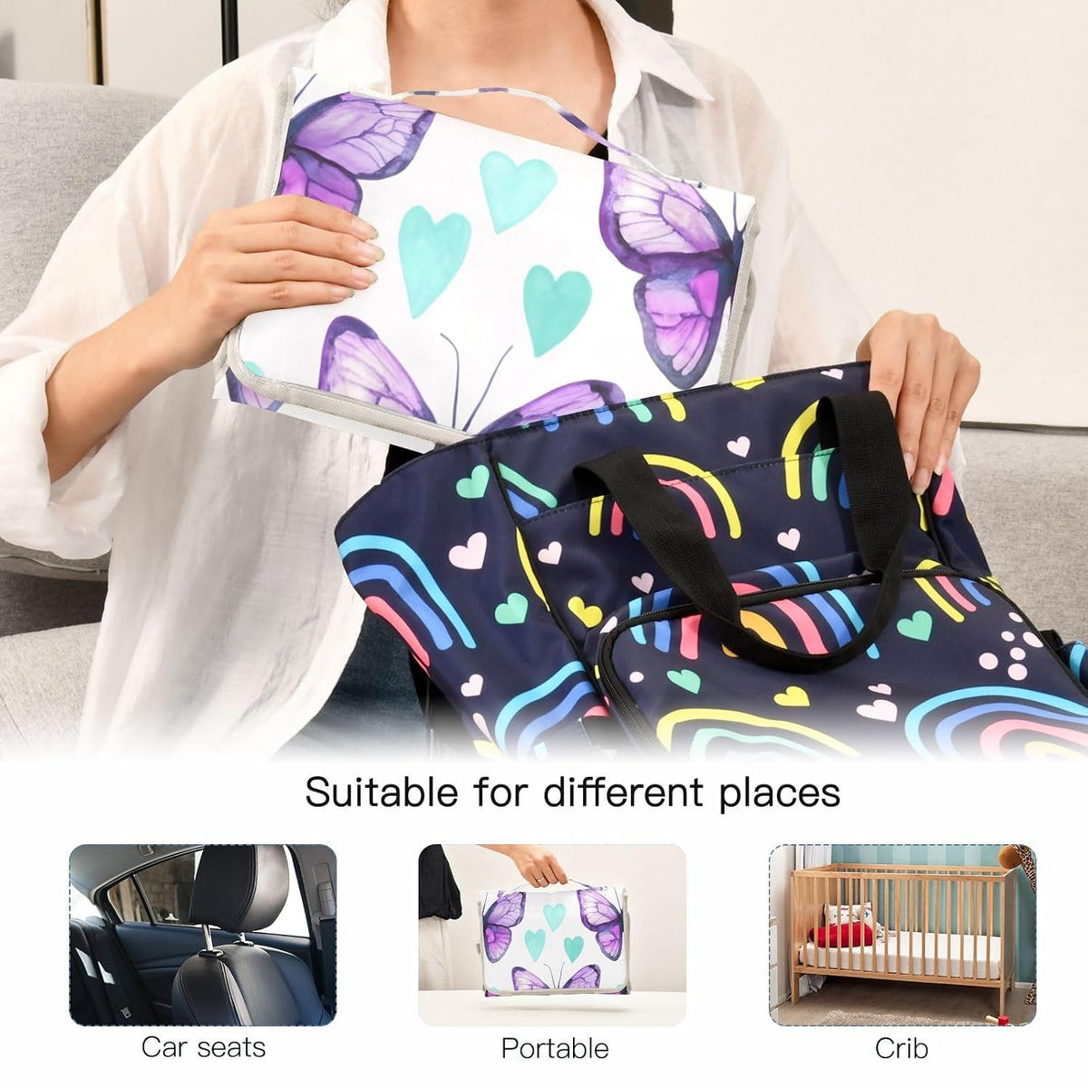 Purple Butterfly Portable Diaper Changing Pad, Foldable Travel Diaper Changing Pad with Built-in Pillow, Waterproof Baby Changing Mat for Newborn, Infant