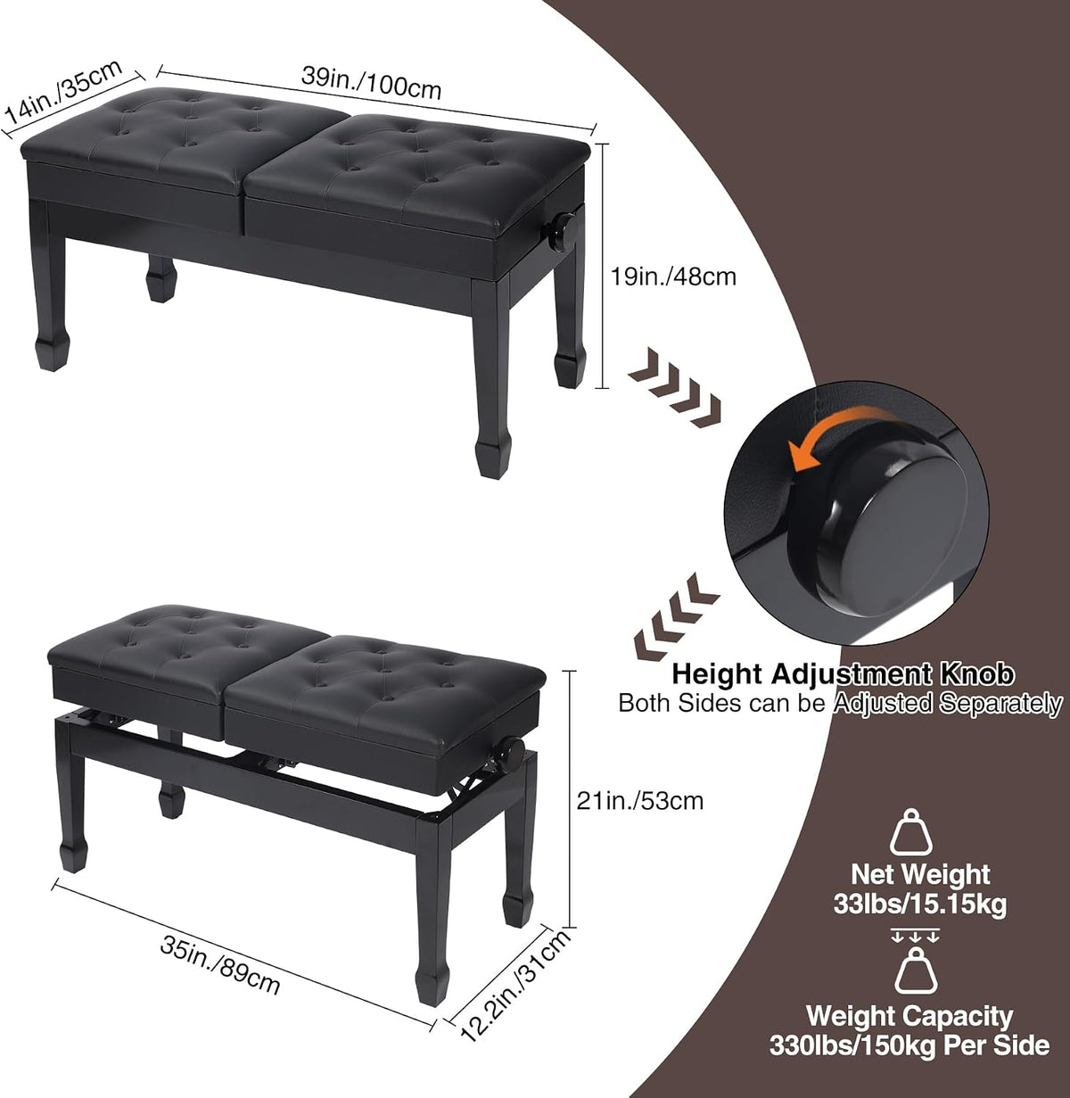 Adjustable Duet Piano Bench with Storage, 28.7" Duet Keyboard Seat