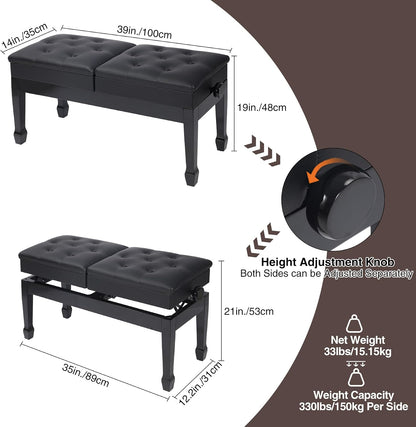 Adjustable Duet Piano Bench with Storage, 28.7" Duet Keyboard Seat