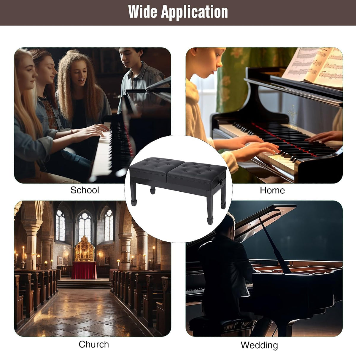 Adjustable Duet Piano Bench with Storage, 28.7" Duet Keyboard Seat