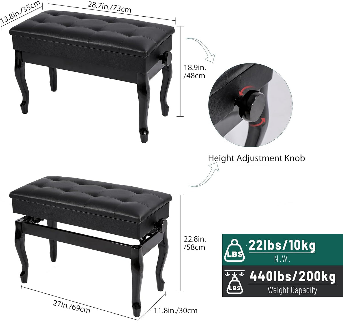 Adjustable Duet Piano Bench with Storage, 28.7" Duet Keyboard Seat