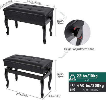 Adjustable Duet Piano Bench with Storage, 28.7" Duet Keyboard Seat
