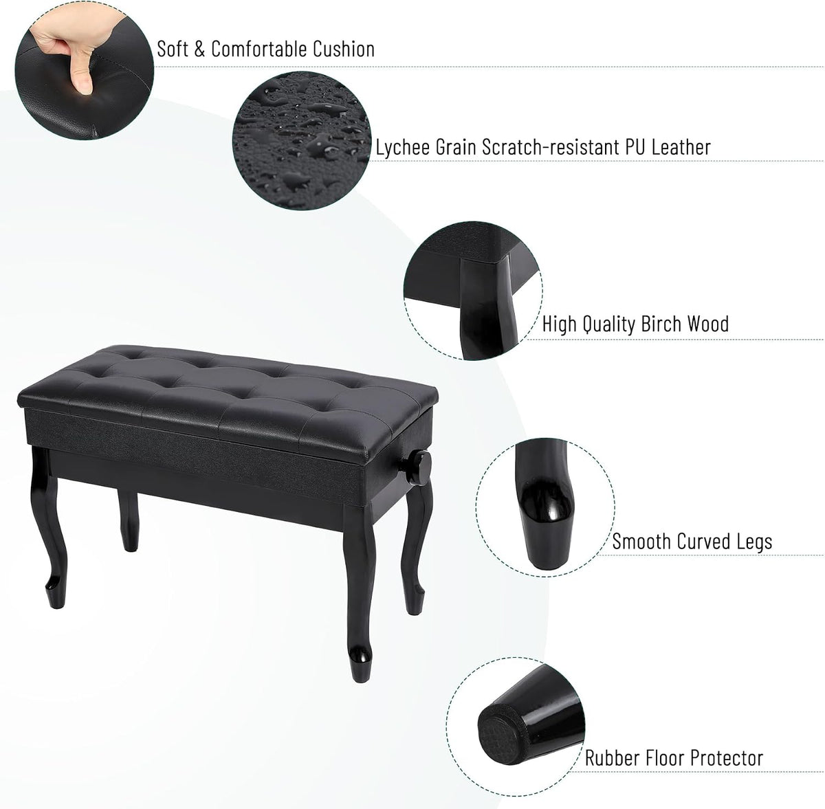 Adjustable Duet Piano Bench with Storage, 28.7" Duet Keyboard Seat