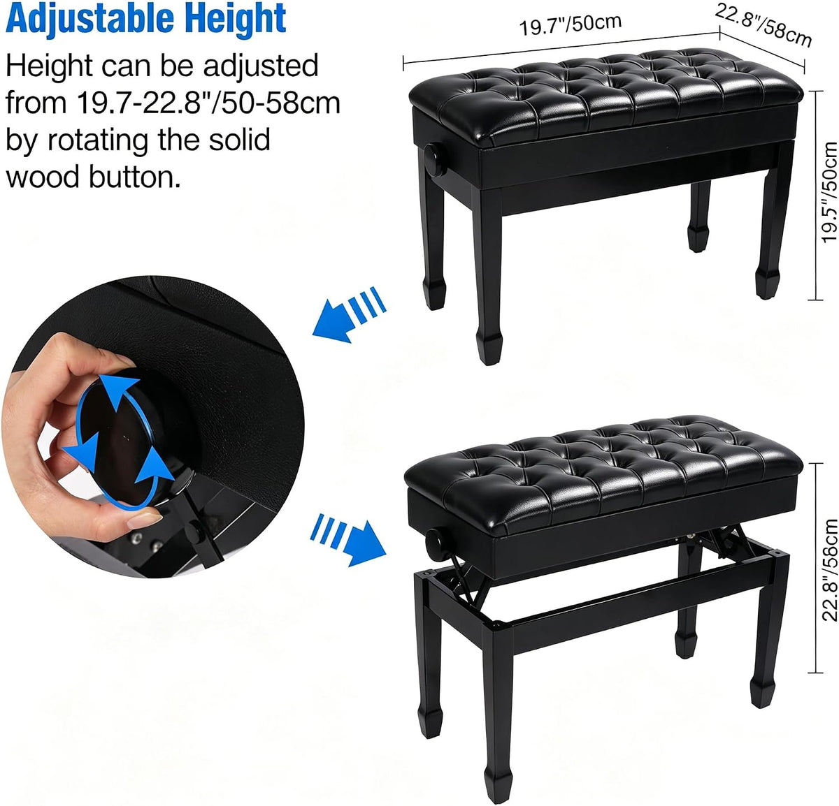 Adjustable Duet Piano Bench with Storage, 28.7" Duet Keyboard Seat