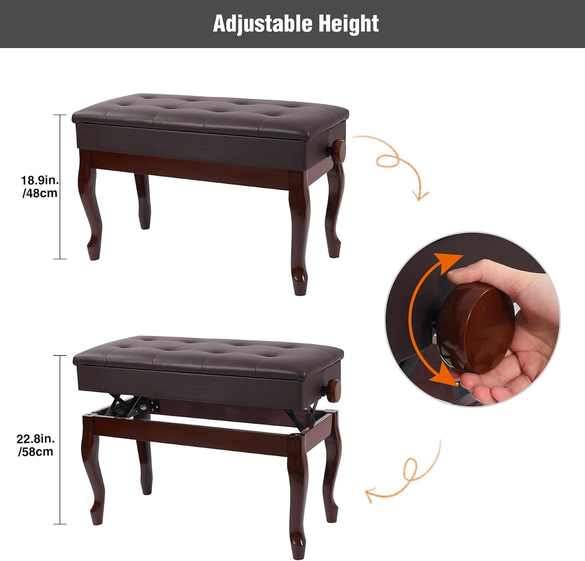 Adjustable Duet Piano Bench with Storage, 28.7" Duet Keyboard Seat