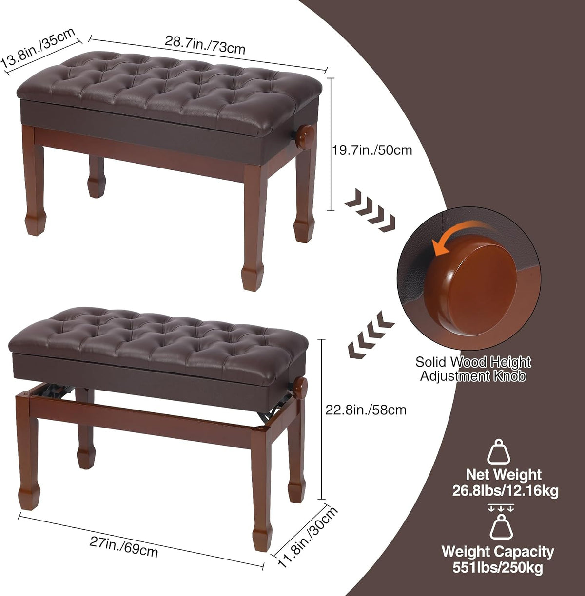 Adjustable Duet Piano Bench with Storage, 28.7" Duet Keyboard Seat